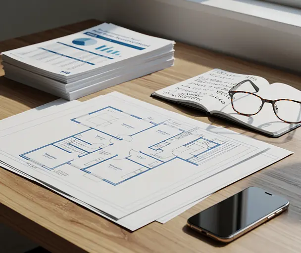 Desk with real estate investment documents, notebook with financial notes, architectural plans, glasses and smartphone on table, professional atmosphere, soft natural light, realistic photography, high resolution
