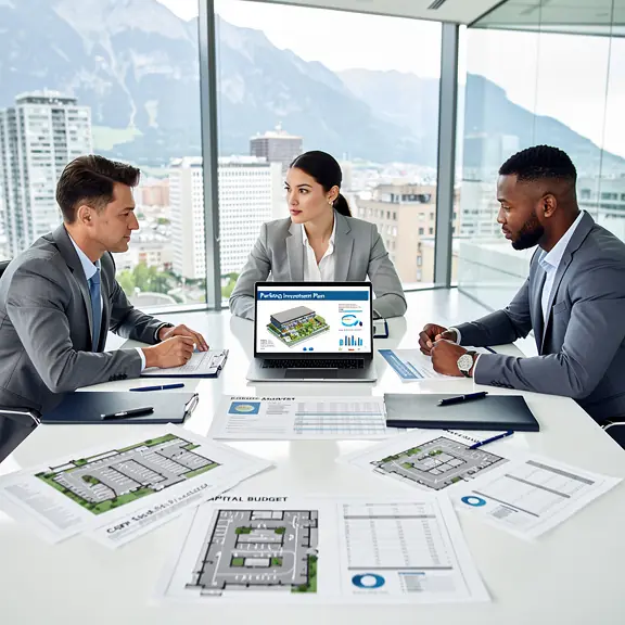 Professional real estate investment consultation meeting, three professionals around a table reviewing parking investment plans on a laptop, modern office with large windows and subtle alpine city background, financial documents and architectural plans on desk, clean corporate style, natural light, realistic photography, high resolution

