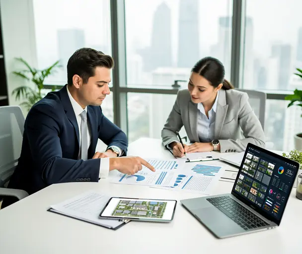 Two real estate investment professionals discussing property strategy in modern office, reviewing financial documents and laptop with property analytics, clean corporate environment, natural light, realistic photography, high resolution
