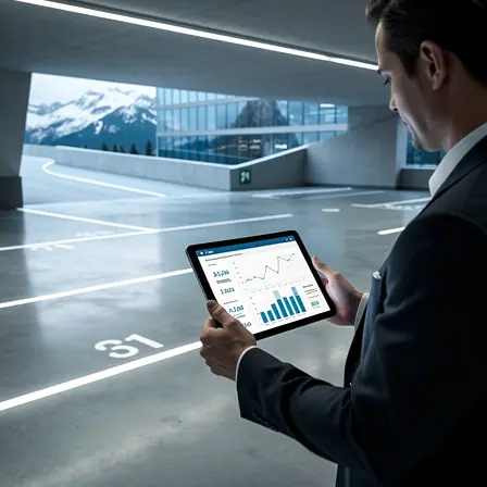 Urban parking investment concept, modern underground parking facility with clean lines, investor reviewing performance charts on tablet, subtle alpine city atmosphere, realistic photography, high resolution
