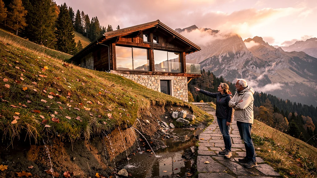 Maison en pente à Morzine avec problèmes de drainage invisibles, terrain humide et erosion visible