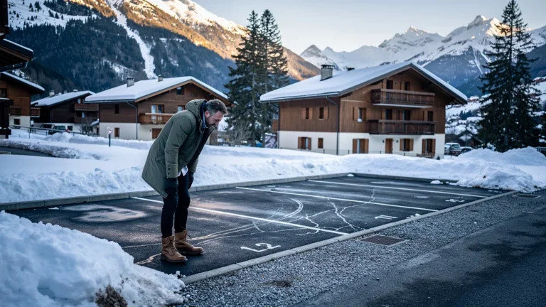 Acheteur inspectant un parking extérieur non couvert à Morzine, dans un décor alpin hivernal
