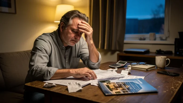 Regret face à un rendement garanti du promoteur et factures impayées sur une table