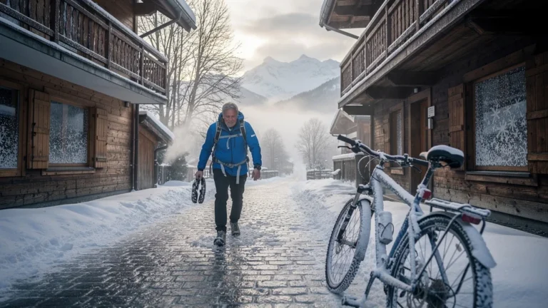 Rue de Morzine glacée en hiver avec homme face aux défis d’accessibilité et plaquettes de frein