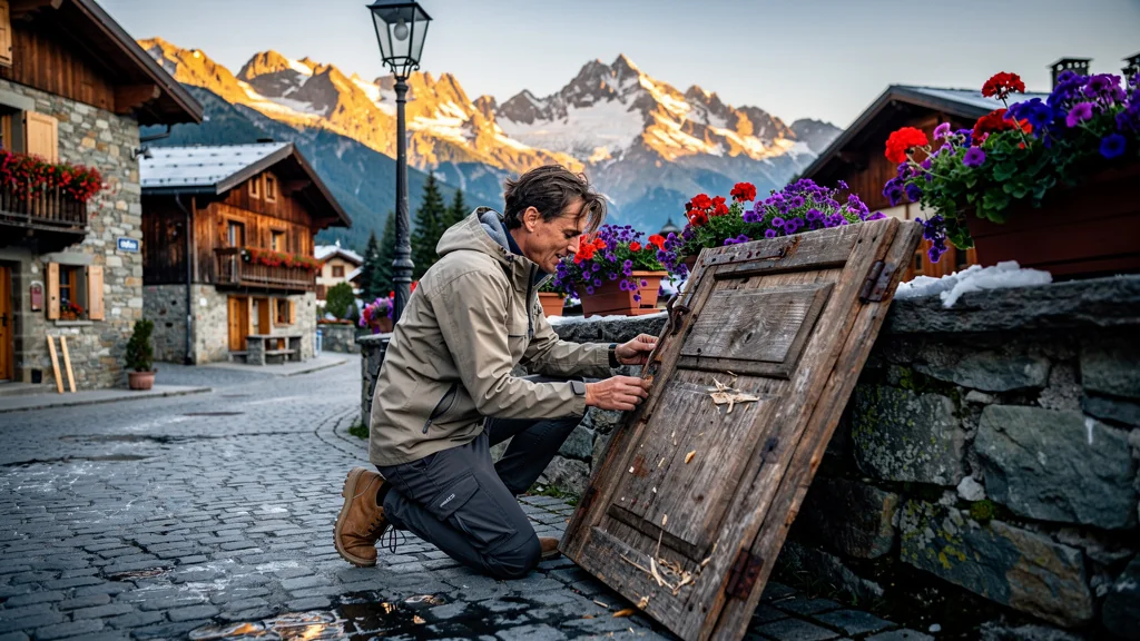 Centre village des Prodains à Morzine avec porte ancienne démontée, ambiance alpine chaleureuse et lumineuse