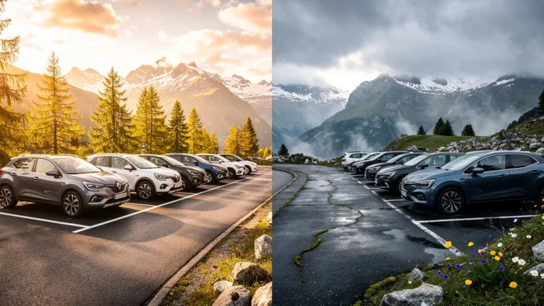 Comparaison photographique ultra-réaliste de deux parkings à Morzine influencés par des microclimats différents