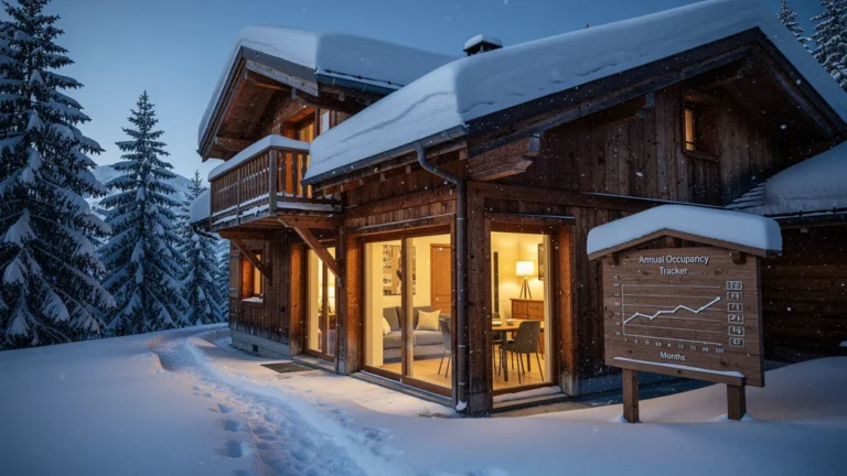 Studio à Morzine en hiver avec neige, lumière chaude et ambiance alpine, suivi des taux de remplissage sur 12 mois