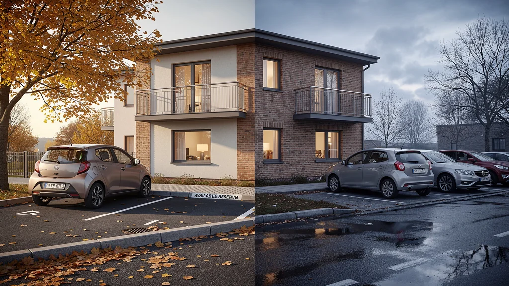 Studio en location avec ou sans parking inclus, illustré sur deux saisons, image à la une SEO