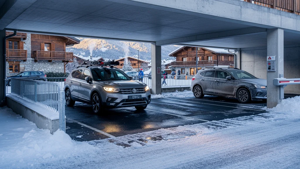 Parking couvert à Morzine en hiver, illustrant la location hebdo vs saison complète pour l'article