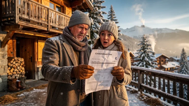 Couple surpris par la hausse rapide des charges de copropriété à Morzine devant un chalet enneigé