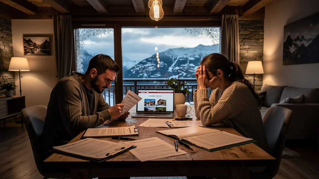 Jeune couple préoccupé regrette de ne pas avoir demandé le règlement de copropriété avant d'acheter un bien à Morzine