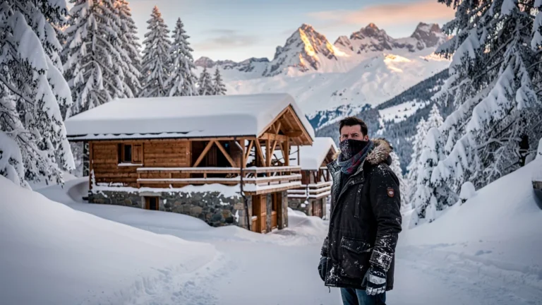 Homme regrettant son achat immobilier en hiver à Morzine, chalet enneigé en arrière-plan