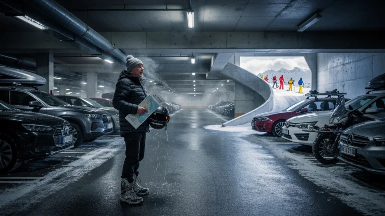 Visite d'un parking souterrain à Morzine en pleine saison hivernale avec voiture et skieur émerveillé