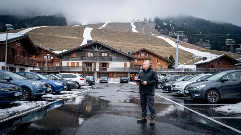 Parking presque vide à Morzine en hiver peu enneigé, montrant une faible occupation parking