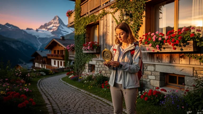 Jeune femme découvre l’orientation d’un studio morzinois en montagne au coucher du soleil