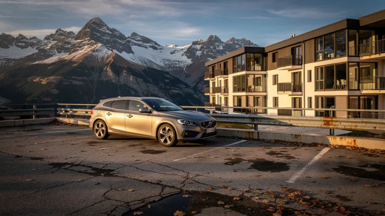 Photo réaliste d’un parking corrodé à Morzine face aux studios de station, lumière dorée d’automne