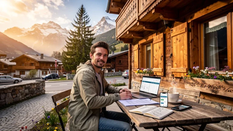 Chalet à Morzine avec propriétaire gérant sa location saisonnière en terrasse sous montagnes enneigées