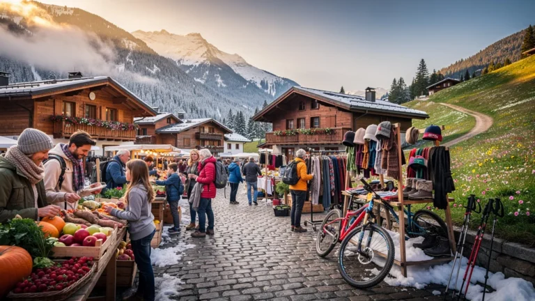 Marché morzinois vibrant illustrant la dépendance aux deux saisons, hiver et été, en ambiance réaliste
