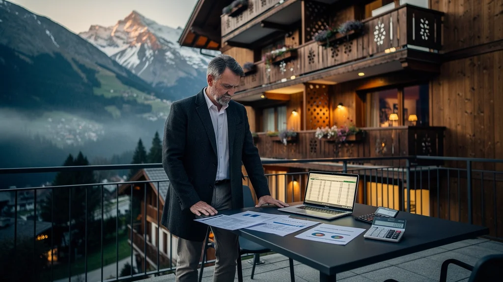 Vue réaliste d’un investisseur à Morzine évaluant l’impact de la TVA sur ses loyers pour un rendement immobilier réaliste