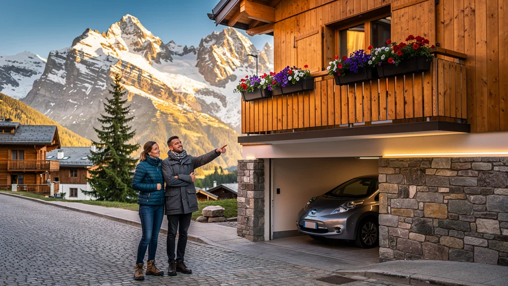 Jeune couple devant studio, appartement et parking à Morzine, choix premier achat immobilier montagne