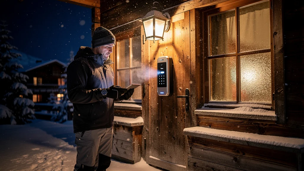 Test nocturne d’une serrure connectée pour location à distance à Morzine sous neige et lumière chaleureuse