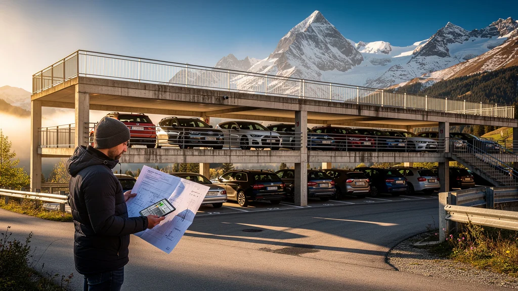 Parking en silo à Morzine avec un homme étudiant les charges structurelles en ambiance alpine réaliste