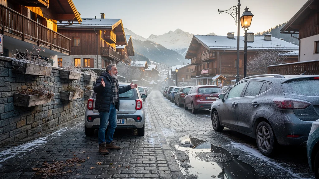 Homme frustré devant une place de parking rare et serrée au centre de Morzine en hiver