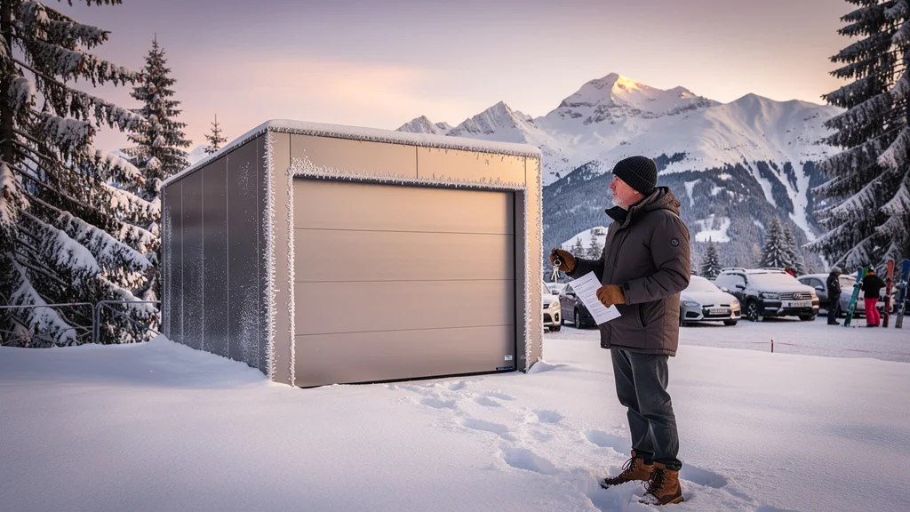 Garage fermé à Morzine valorisé plus qu’une place, vue alpine enneigée au lever du jour
