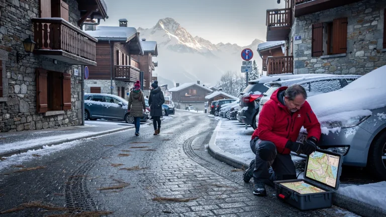 Cartographe en hiver dans les parkings rares et glacés du centre de Morzine, Morzine sous la neige