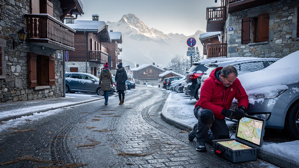 Cartographe en hiver dans les parkings rares et glacés du centre de Morzine, Morzine sous la neige
