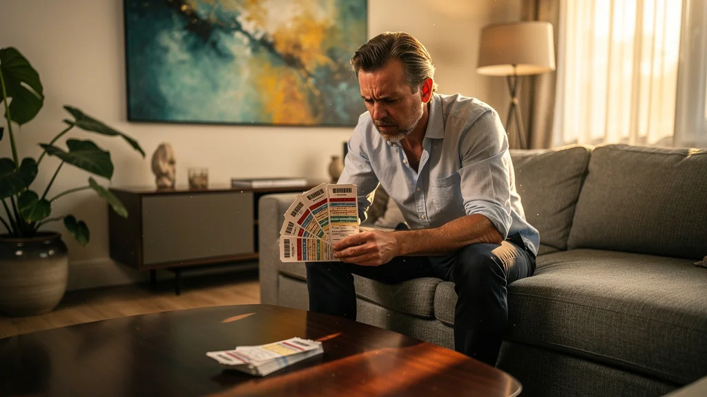 Homme pensif avec un lot de places, une invendable, illustrant un achat risqué et ses conséquences