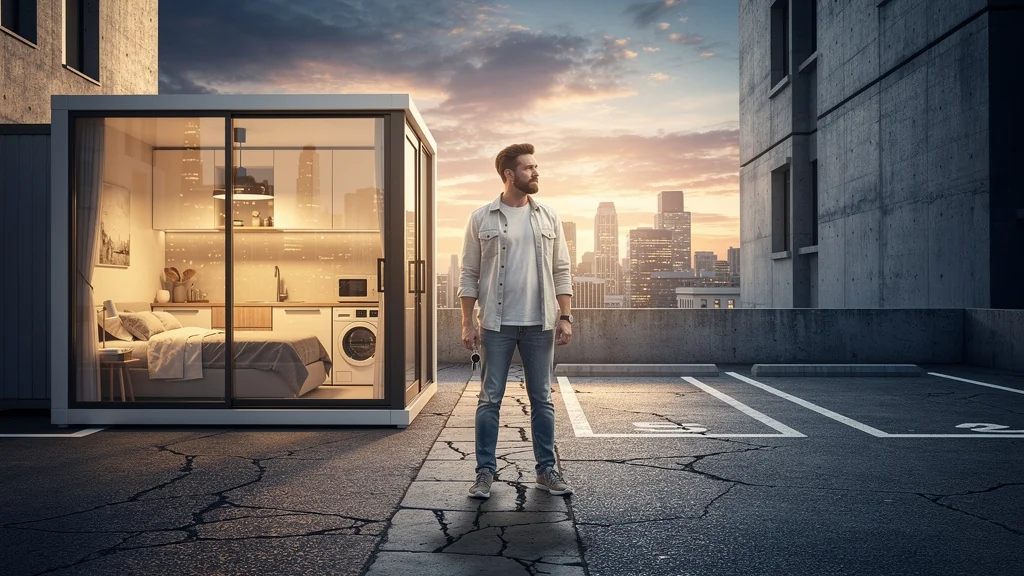 Homme hésitant entre un studio cabine moderne et deux places de parking urbaines au coucher du soleil