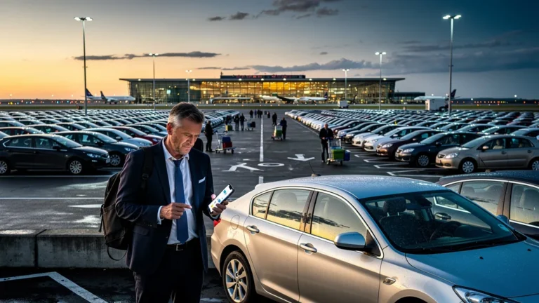 Parking d'aéroport au crépuscule avec un voyageur fatigué évaluant son option de stationnement