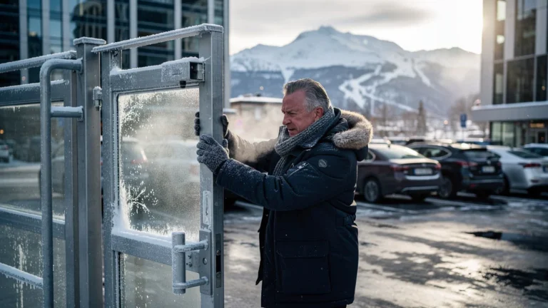 Parking urbain gelé à -10°C : porte motorisée bloquée, défi du rendement en station de ski et ville