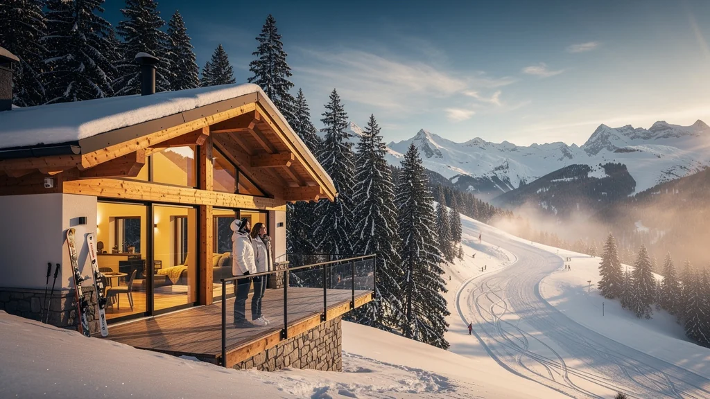 Vue hyperréaliste d’un chalet près de Super-Morzine au coucher du soleil, illustrant un emplacement qui change la demande