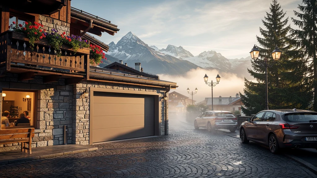 Garage à Morzine loué avant annonce, situé dans un quartier de montagne prisé et lumineux au lever du jour