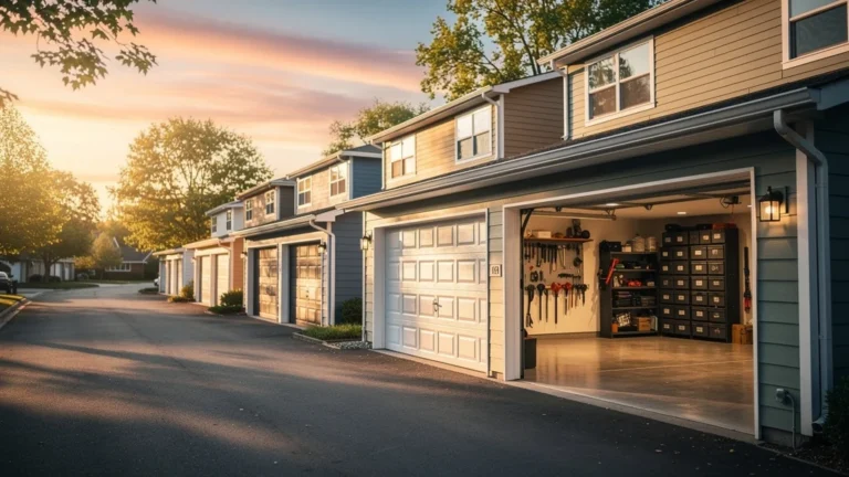 Photographie réaliste d’un garage en banlieue pour acheter un garage, ambiance soleil couchant, test terrain 6 mois