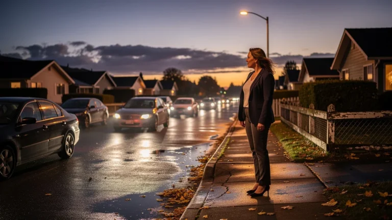 Femme observant les voitures tournant autour d’un pâté de maisons avant un achat immobilier