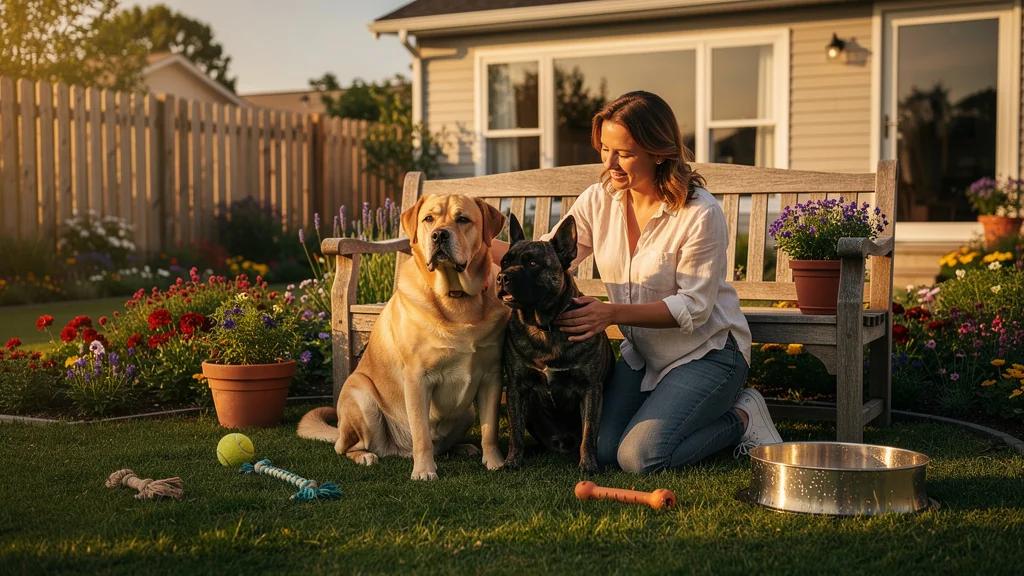 Portrait hyper-réaliste d’une femme avec ses deux chiens César et Brutus dans un jardin lumineux