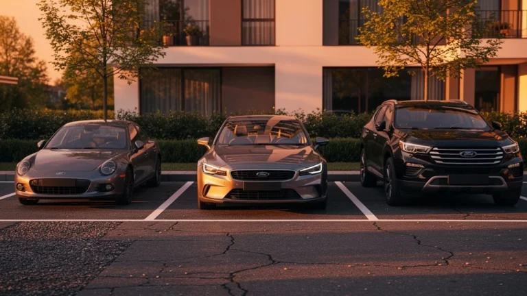 Place de parking urbaine bien dimensionnée au coucher de soleil, soulignant l’importance des dimensions de stationnement