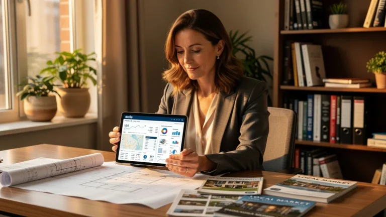 Portrait réaliste d'une rédactrice de 42 ans découvrant erole pour investissement immobilier local