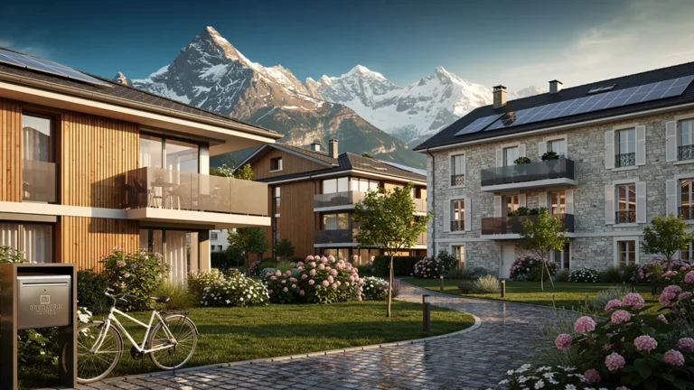 Vue hyperréaliste d’un quartier résidentiel Grenoble habitat avec Alpes en arrière-plan, parfait pour investissement immobilier