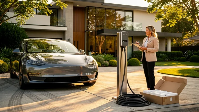 Installation borne de recharge électrique devant maison moderne par installateur professionnel expérimenté