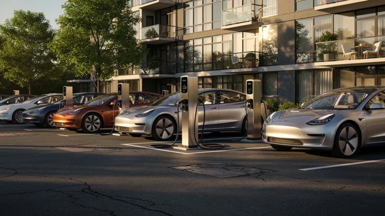 Installation borne de recharge copropriété moderne dans parking résidentiel avec voitures électriques
