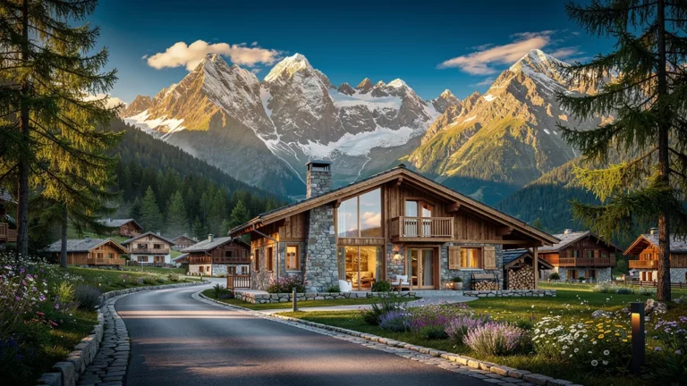 Paysage de montagne réaliste illustrant l’investissement immobilier en montagne au coucher du soleil