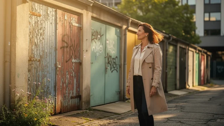 Femme de 42 ans devant neuf box de garage urbains, symbolisant la décision immobilière réfléchie