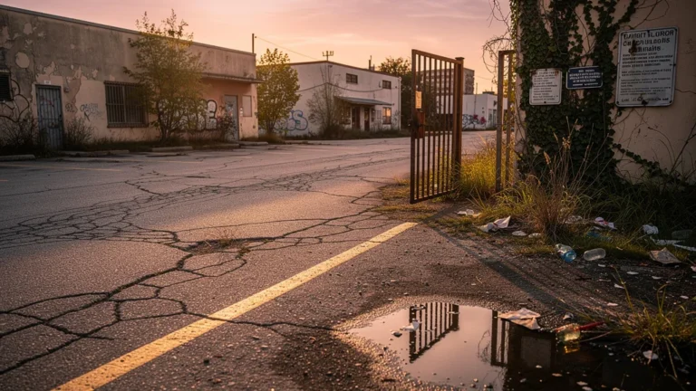 Parking urbain désert au coucher du soleil avec une servitude cachée visible et valeur en baisse