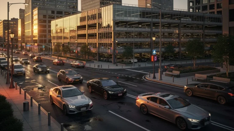 Flux de voitures devant un parking urbain moderne au coucher du soleil, ambiance réaliste et dynamique