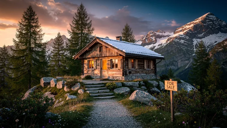 Petit chalet montagne à vendre au coucher du soleil dans un paysage alpin naturel et paisible