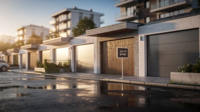 Vue hyperréaliste de garages modernes en milieu urbain au coucher du soleil illustrant le prix m2 garage